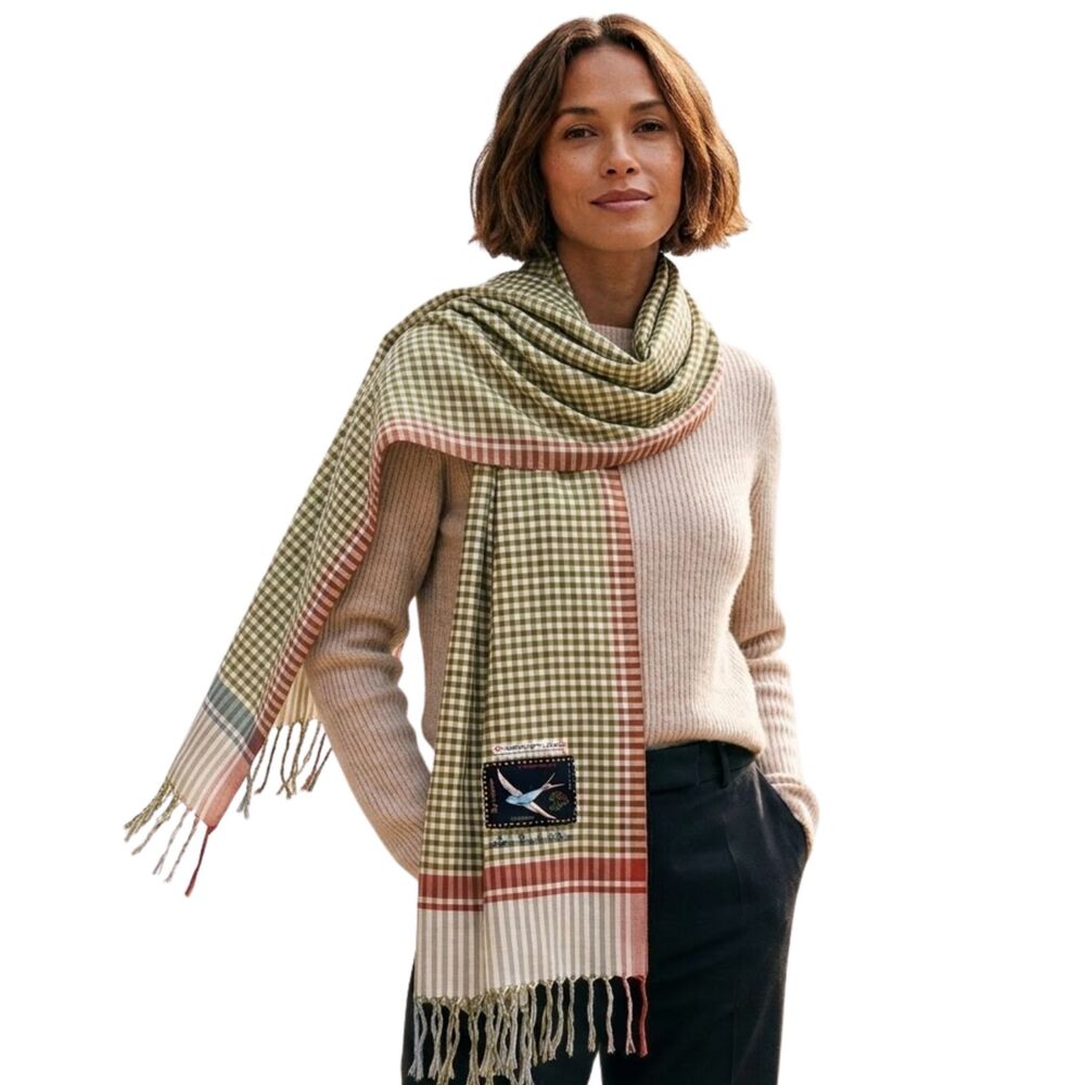 en Soie Zurich Satu Scarf 160 100% Silk Vichy Check Gingham Embroidered Sparrow
